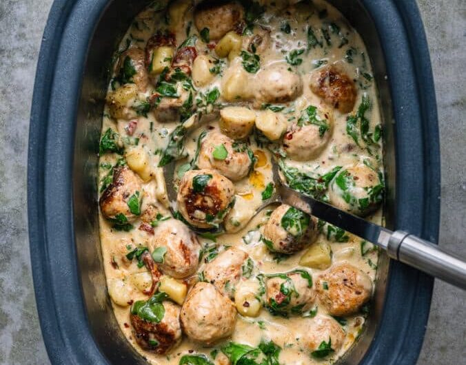 Slow Cooker Tuscan Chicken Meatballs with Gnocchi